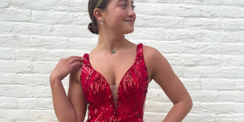 woman wearing a red homecoming dress for her body type