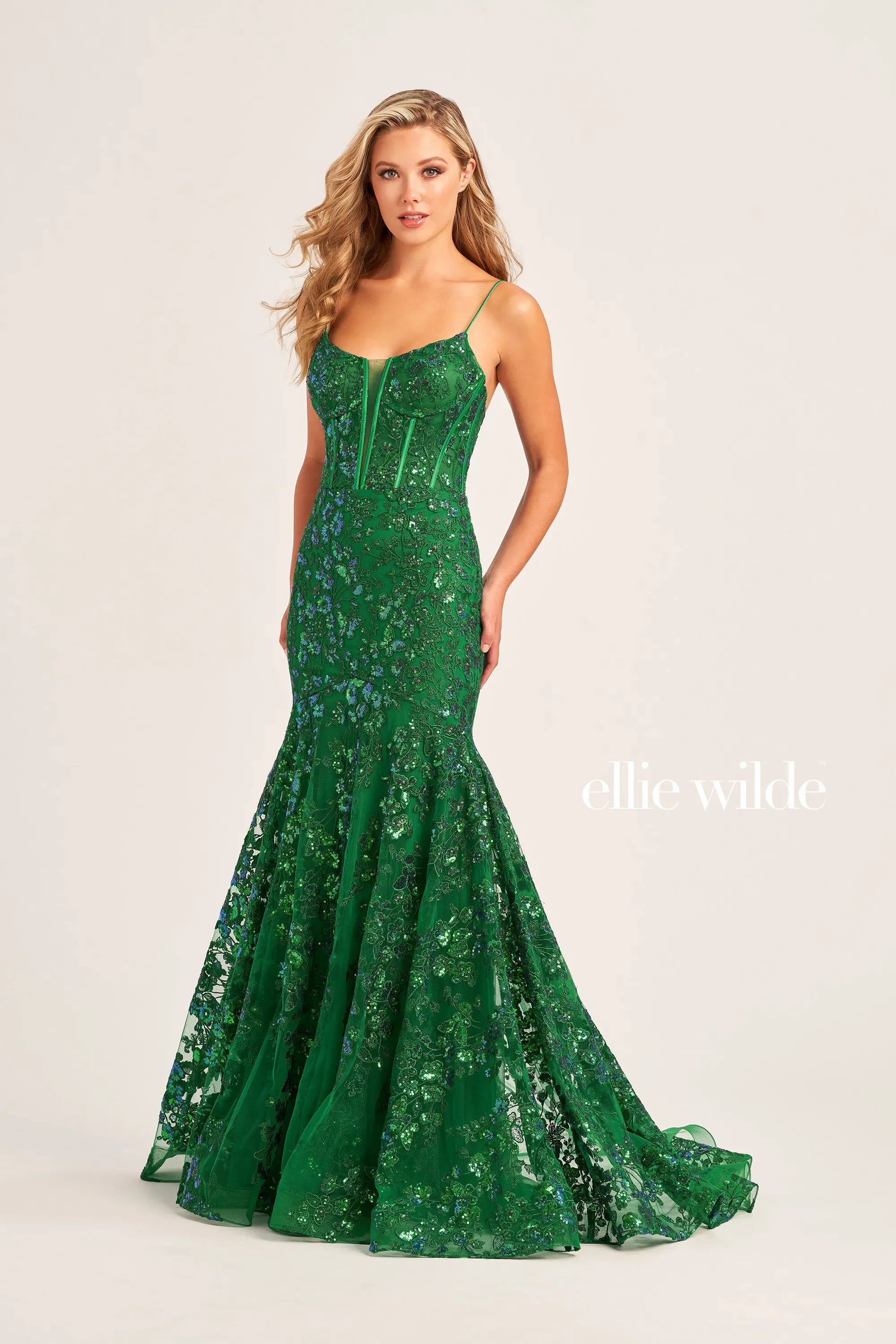 Ellie Wilde EW35203 Long Mermaid Formal Evening Prom Dress - Emerald / 14